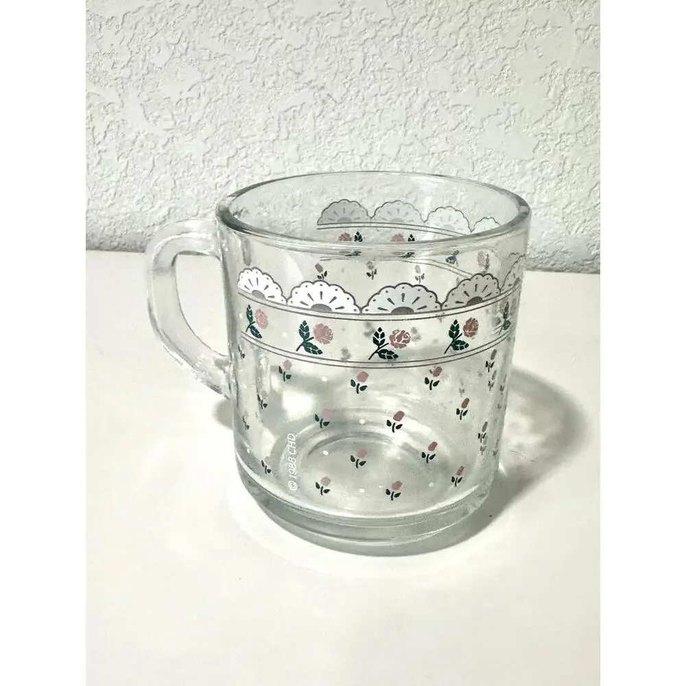 Vintage Anchor Hocking Clear Mug Glass Pink Roses Lace Design Floral with Handle - Picture 6 of 7